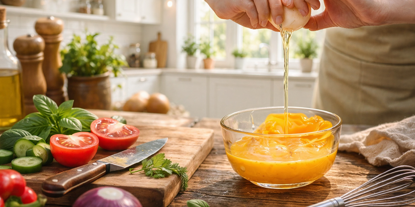 오므라이스를 만들기 위해 계란을 볼에 까는 이미지